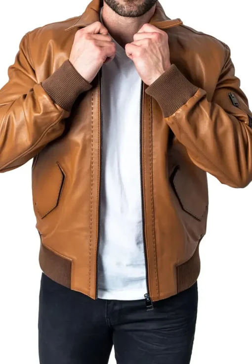 mens-long-sleeve-brown-faux-leather-bomber-jacket
