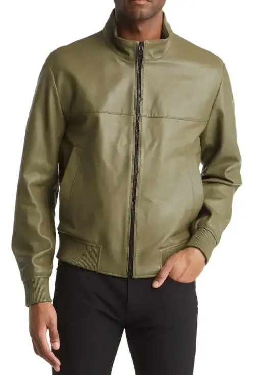 mens-olive-green-faux-leather-bomber-jacket