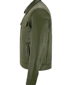 mens-olive-green-faux-leather-trucker-jacket