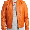 mens-orange-faux-leather-bomber-jacket
