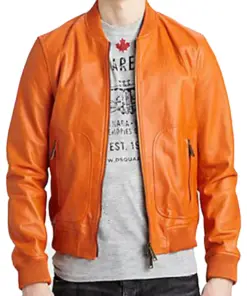 mens-orange-faux-leather-bomber-jacket