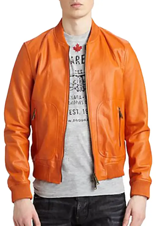 mens-orange-faux-leather-bomber-jacket