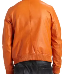 mens-orange-faux-leather-bomber-jacket