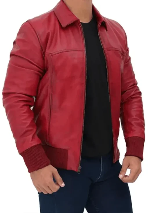 mens-red-faux-leather-bomber-jacket