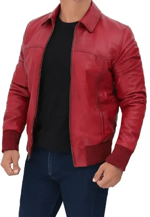mens-red-faux-leather-bomber-jacket