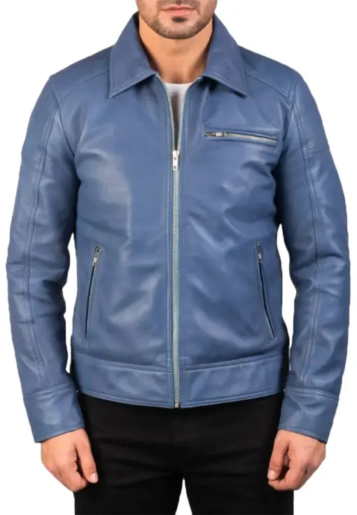 mens-shirt-collar-blue-faux-leather-jacket