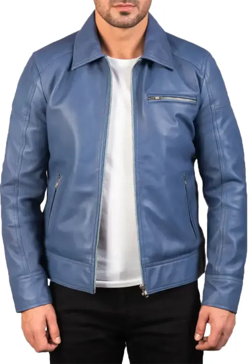 mens-shirt-collar-blue-faux-leather-jacket