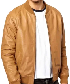 mens-tan-brown-faux-leather-bomber-jacket