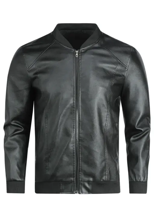 mens-casual-black-faux-leather-soft-bomber-jacket