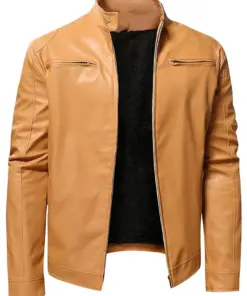 mens-camel-long-sleeve-faux-leather-jacket